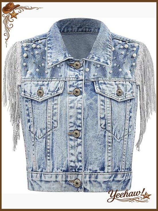Jackets & Blazers - Pearls Beading Denim Vest Sleeveless Sequin Fringe Tassel Cowgirl Jean Vest